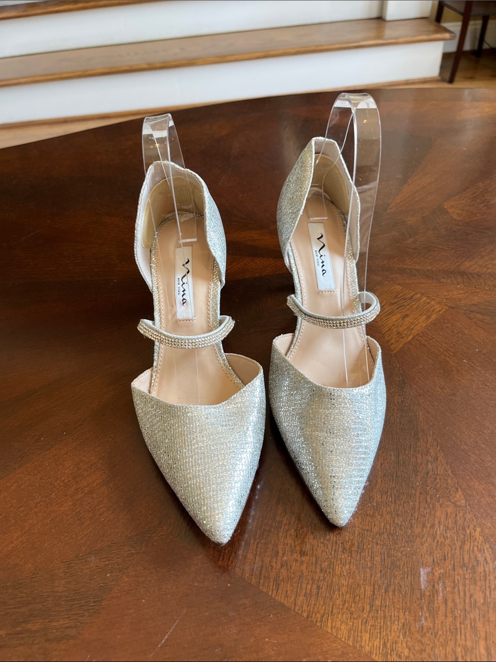 Nina Glitter Pointed Toe D'Orsay Slingback Heels in Silver
